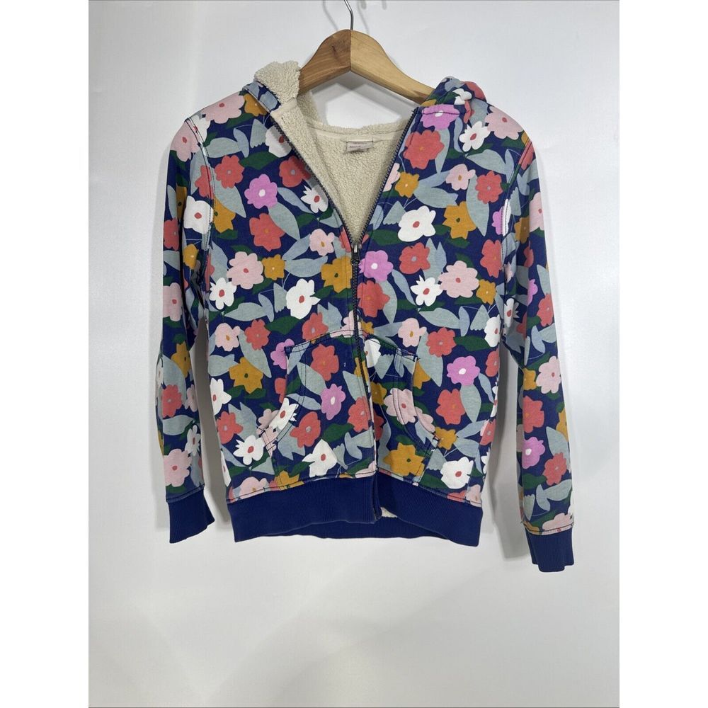 Hanna Andersson Kids Navy Blue Floral Sherpa Lined Zip Up Hoodie Sweatshirt 10